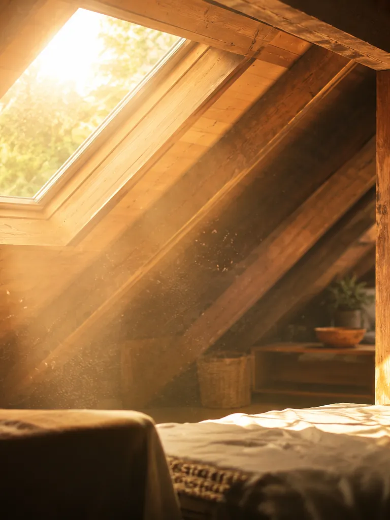Dachgeschosszimmer mit Dachschräge und starker Sonneneinstrahlung durch das Dachfenster