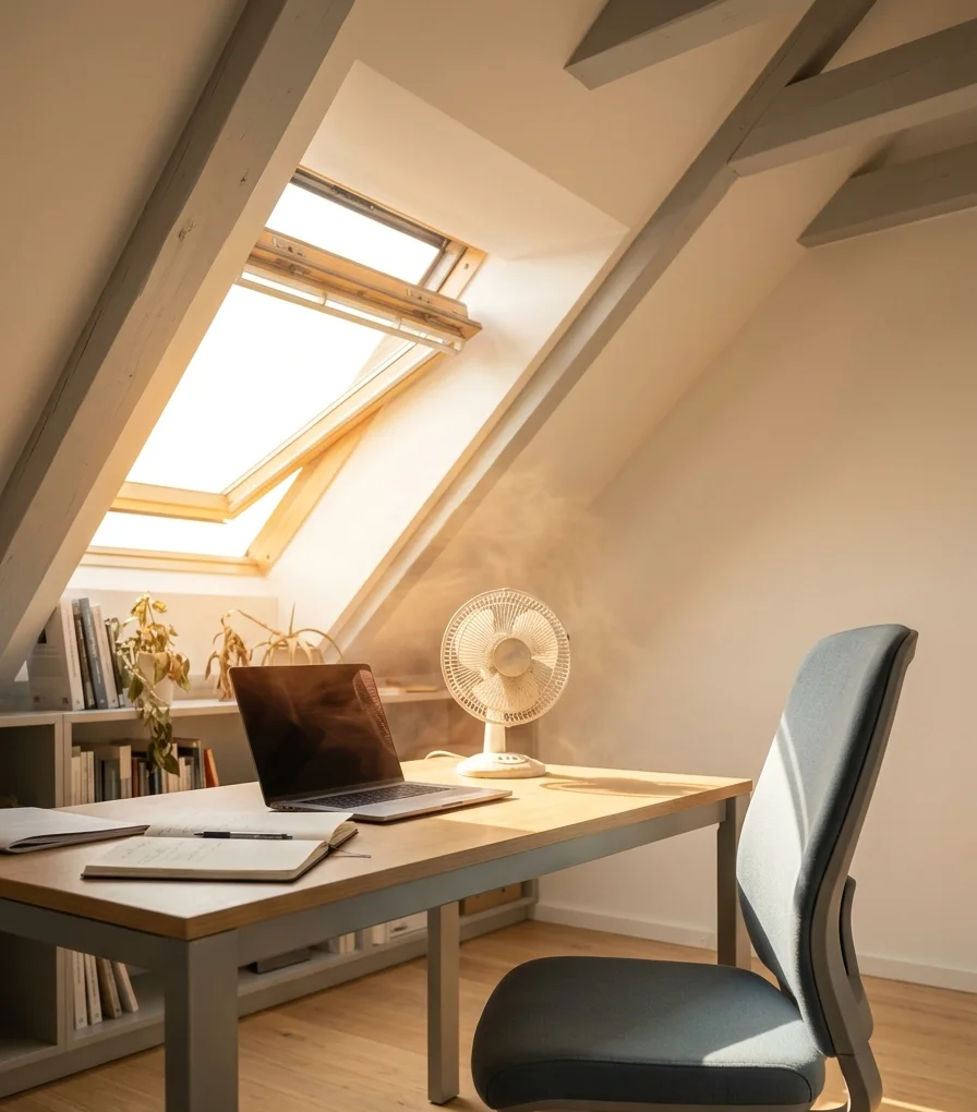 Überhitztes Homeoffice unter der Dachschräge mit Ventilator und grellem Sonnenlicht durch das Dachfenster