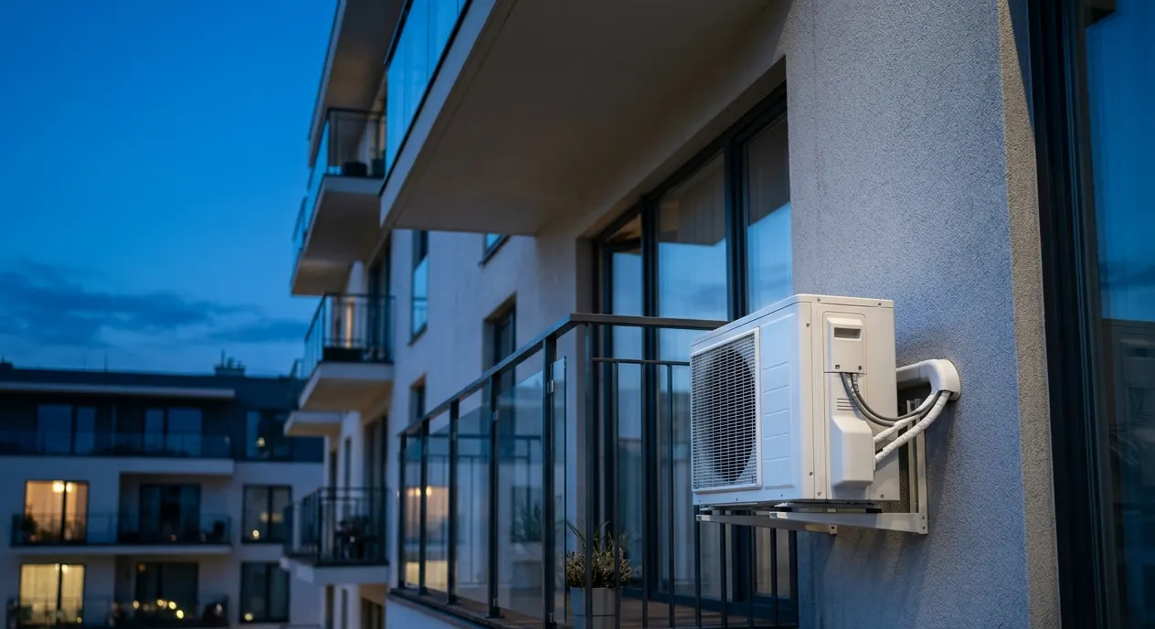 Balkon einer Eigentumswohnung mit Split-Außengerät, dazu ein Paragrafenzeichen als Symbol für das WEG-Recht