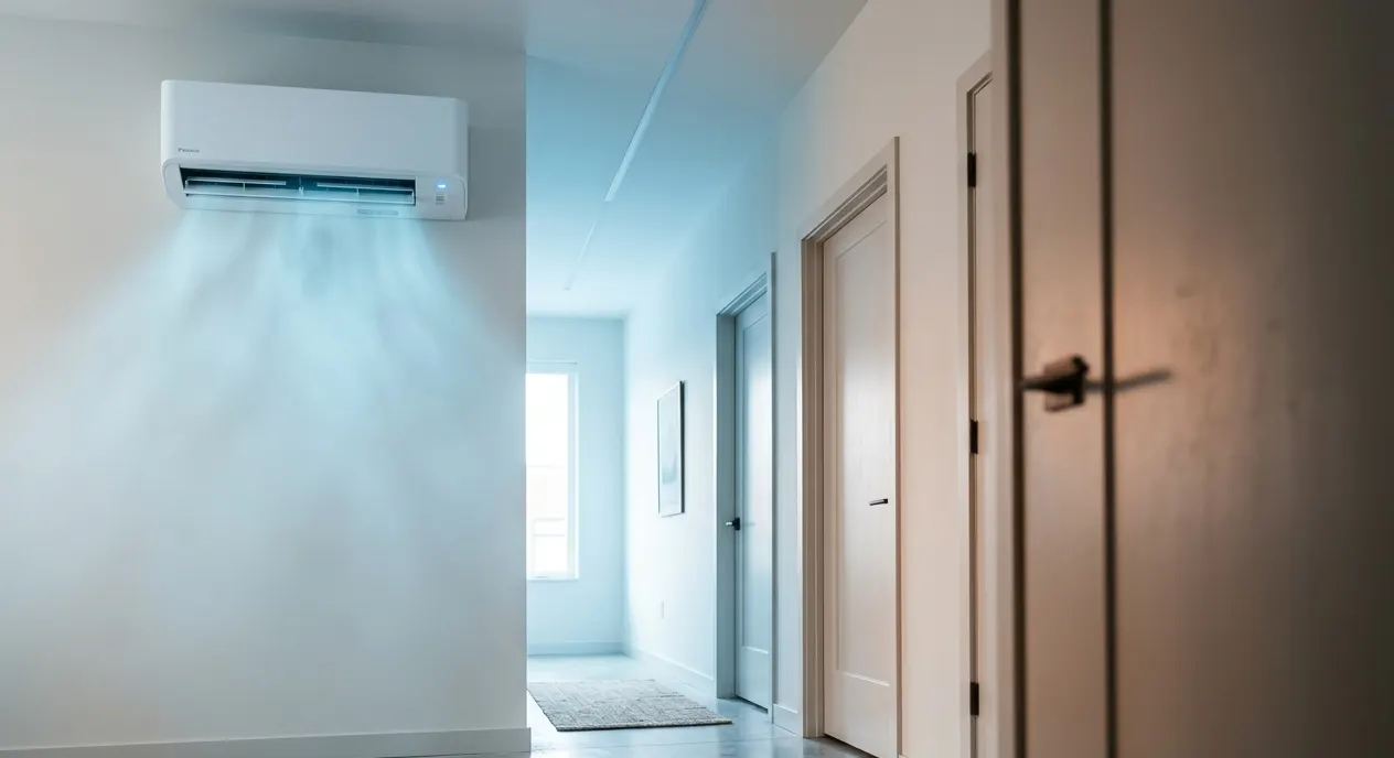 Grundriss-Schema: Innengerät im Flur kühlt nur den Flur, die angrenzenden Zimmer hinter geschlossenen Türen bleiben warm