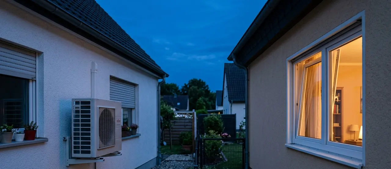 Schallwellen eines Split-Außengeräts treffen auf das geöffnete Schlafzimmerfenster des Nachbarhauses, daran ein Messpunkt mit 40 dB(A)