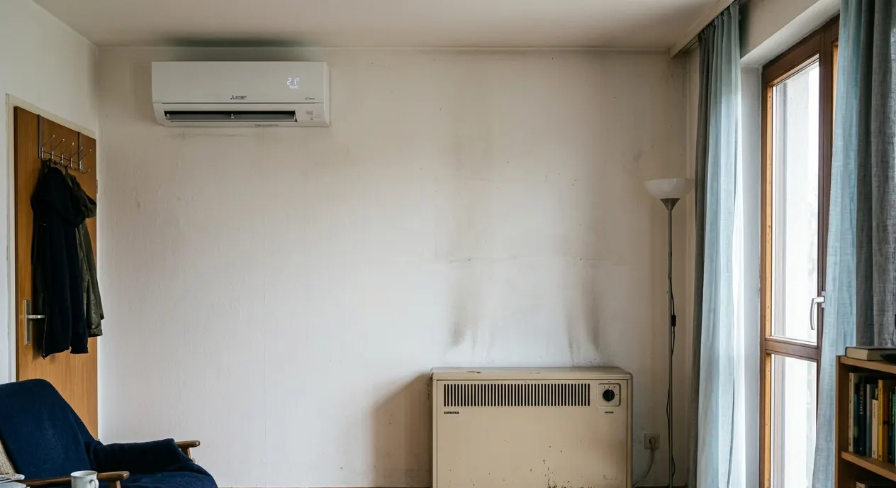 Gegenüberstellung: klobiger Nachtspeicherofen mit hohen Stromkosten links, Split-Innengerät für Sommer und Übergangszeit rechts