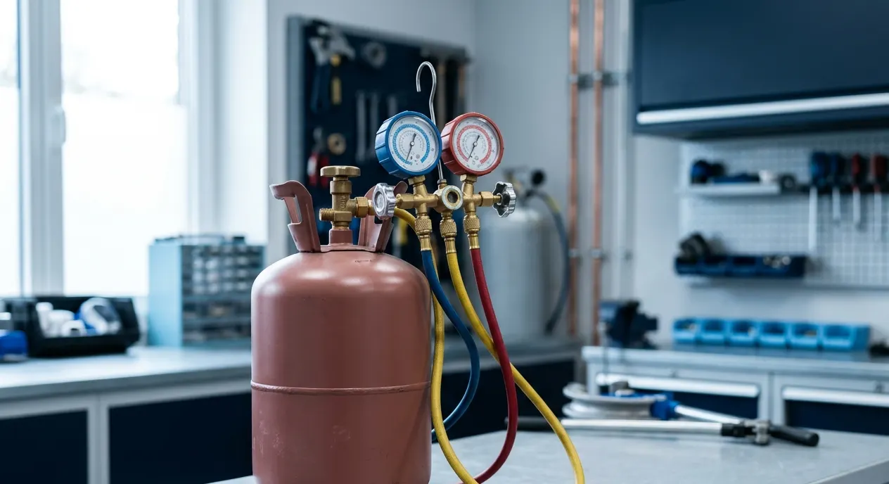 Manometer und Kältemittelflasche mit der Aufschrift R32 vor kühlem blauem Hintergrund