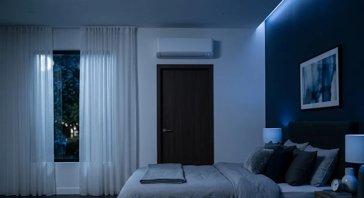 Ruhiges Schlafzimmer bei Nacht mit Wandklimagerät über der Tür und gedimmtem Licht