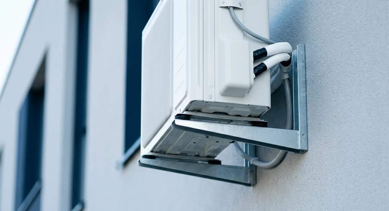 Außengerät einer Split-Klimaanlage an einer gedämmten Fassade mit Abstandsmontagesystem