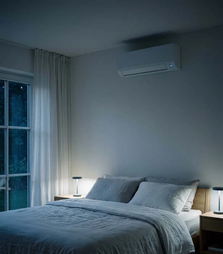 Ruhiges Schlafzimmer bei Nacht mit kühlem, gedimmtem Licht und Wandklimagerät über dem Bett